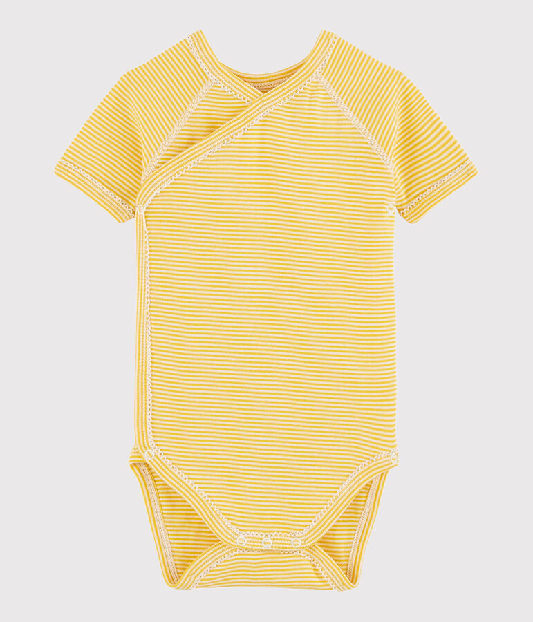 Kurz&auml;rmeliger Baby-Body in Wickelform M&auml;dchen/Jungen gelb/weiss