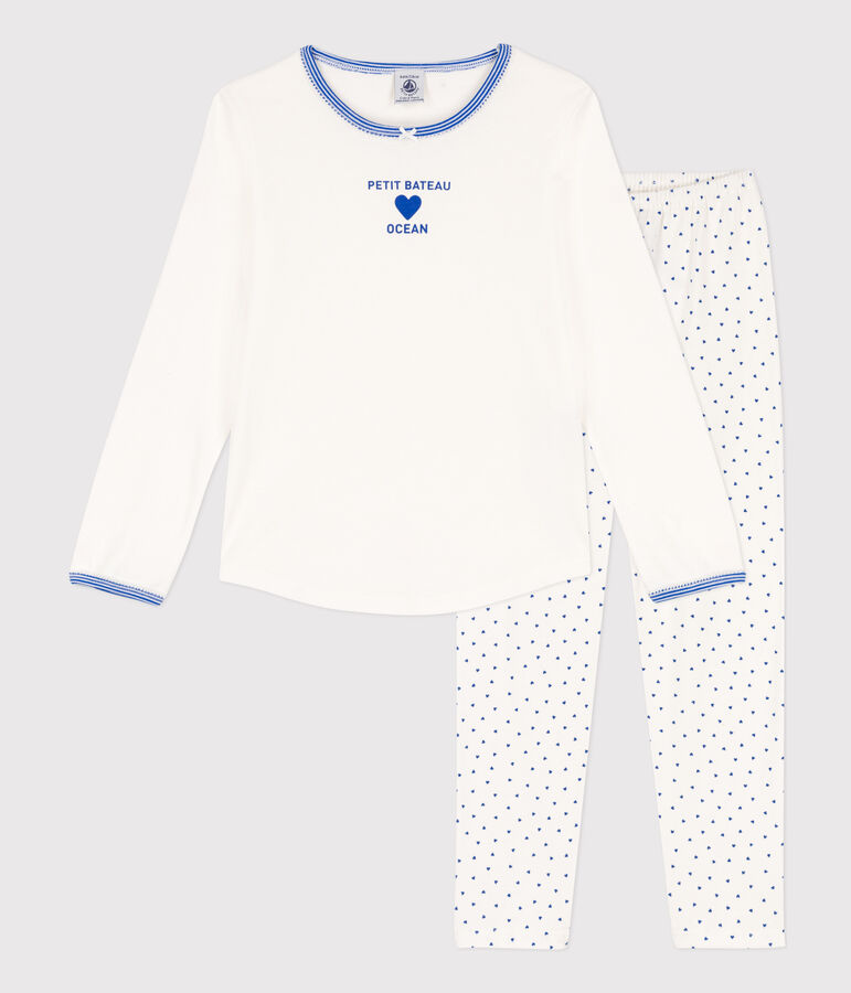 Kinderpyjama aus Baumwolle f&uuml;r M&auml;dchen weiss/blau