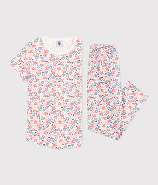 Kurzärmeliger Kinder-Pyjama mit langen Beinen aus bedruckter Baumwolle weiss MARSHMALLOW/weiss MULTICO