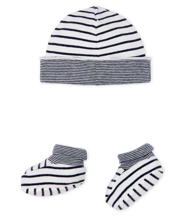 Set mit M&uuml;tzchen und Babyschuhen aus Rippstrick f&uuml;r Jungen vielfarbig