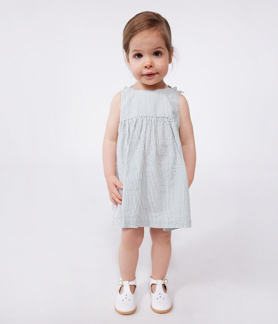 Ärmelloses Baby-Kleid aus Baumwolle mit Streifen weiss MARSHMALLOW/blau BRUT