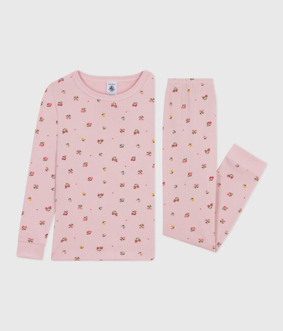 Kinder-Pyjama aus Baumwolle mit eng anliegenden Beinen und Blumenmotiv rosa JOLI/weiss MULTICO