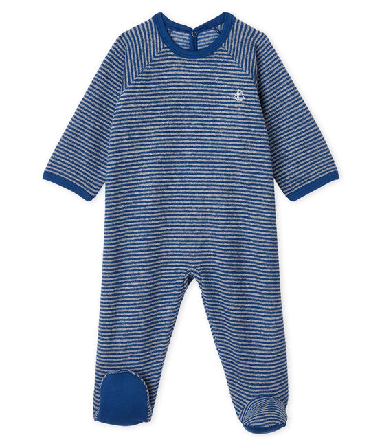 Baby-Strampler aus angerautem, extra warmem Bouclé-Frottier für Jungen blau MAJOR/grau SUBWAY