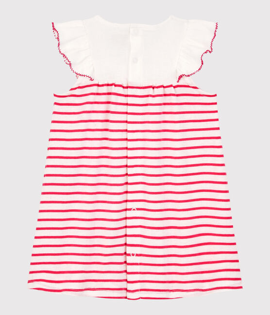 Kurzärmeliges gestreiftes Babykleid aus Rippstrick für Mädchen weiss MARSHMALLOW/rosa GEISHA