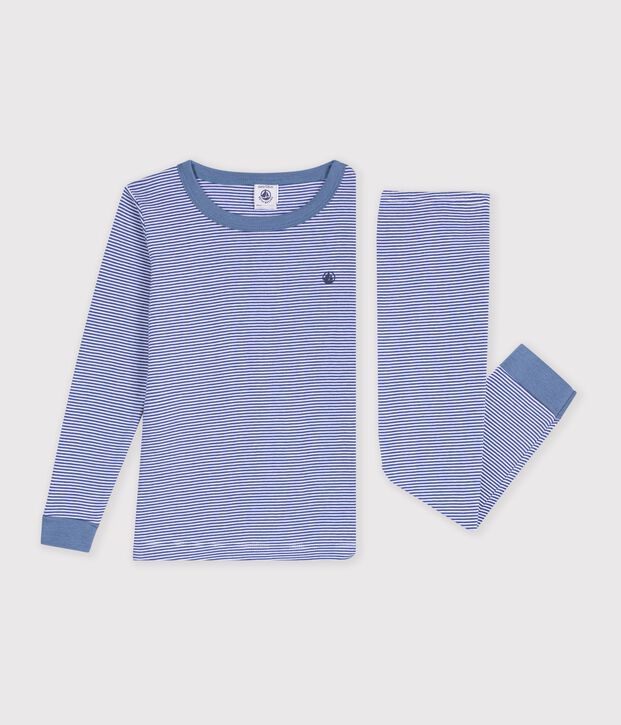 Eng anliegender Kinder-Pyjama aus Baumwolle mit Streifen blau/weiss