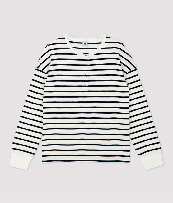 Baumwoll-T-Shirt mit Marinestreifen und Kragen mit Knopfleiste Damen weiss MARSHMALLOW/blau SMOKING