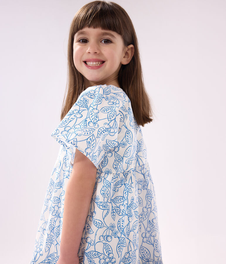 Kurz&auml;rmeliges Kinder-Kleid aus bedruckter Baumwolle weiss/blau