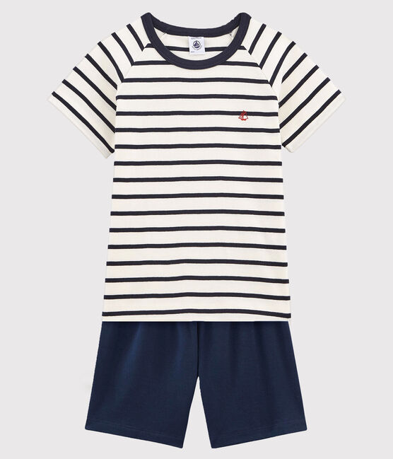 Kinder-Kurzpyjama aus Baumwolle mit Matrosenmuster für Jungen weiss MARSHMALLOW/blau SMOKING