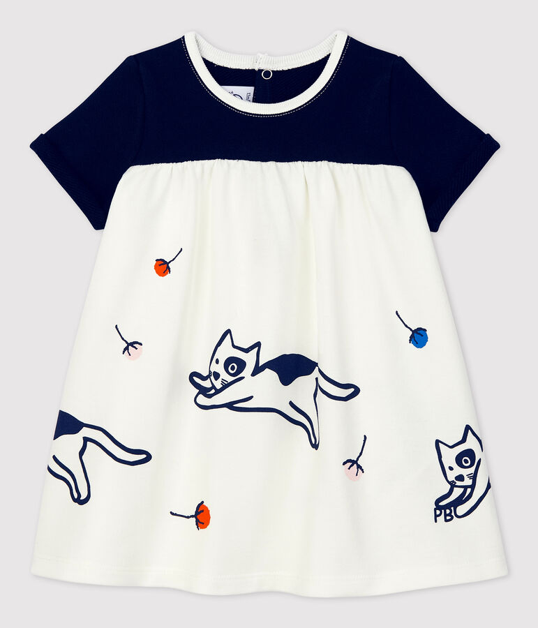 Baby-Kleid aus Molton f&uuml;r M&auml;dchen weiss MARSHMALLOW/blau SMOKING