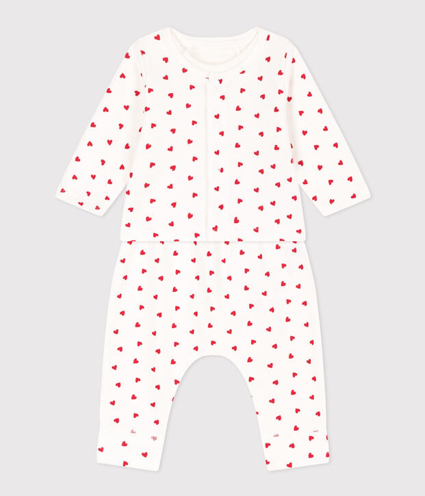 Baby-Set aus bedrucktem Molton mit kleinen Herzen weiss/rot