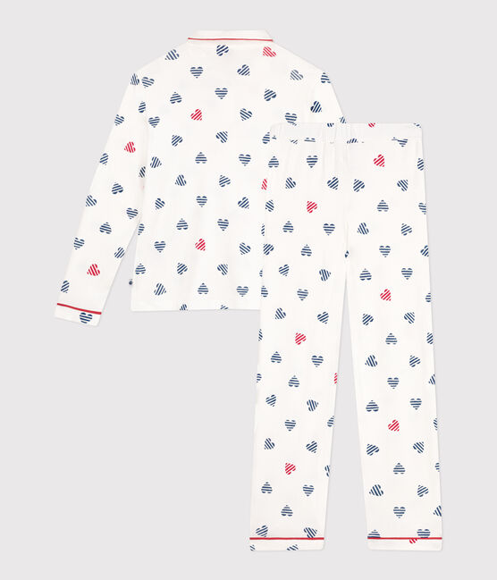 Geknöpfter Damen-Schlafanzug aus Baumwolle mit Herz-Print weiss MARSHMALLOW/weiss MULTICO