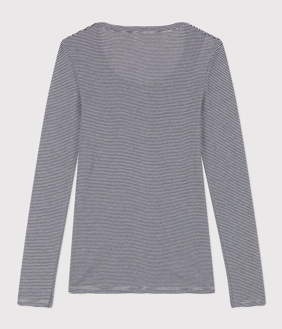 Körpernahes Damen-T-Shirt aus leichter gestreifter Baumwolle blau SMOKING/weiss MARSHMALLOW