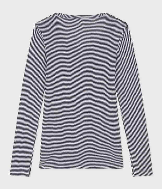 K&ouml;rpernahes Damen-T-Shirt aus leichter gestreifter Baumwolle blau/weiss