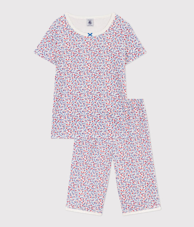 Kinder-Kurzpyjama aus Baumwolle mit Blumen f&uuml;r M&auml;dchen weiss/vielfarbig