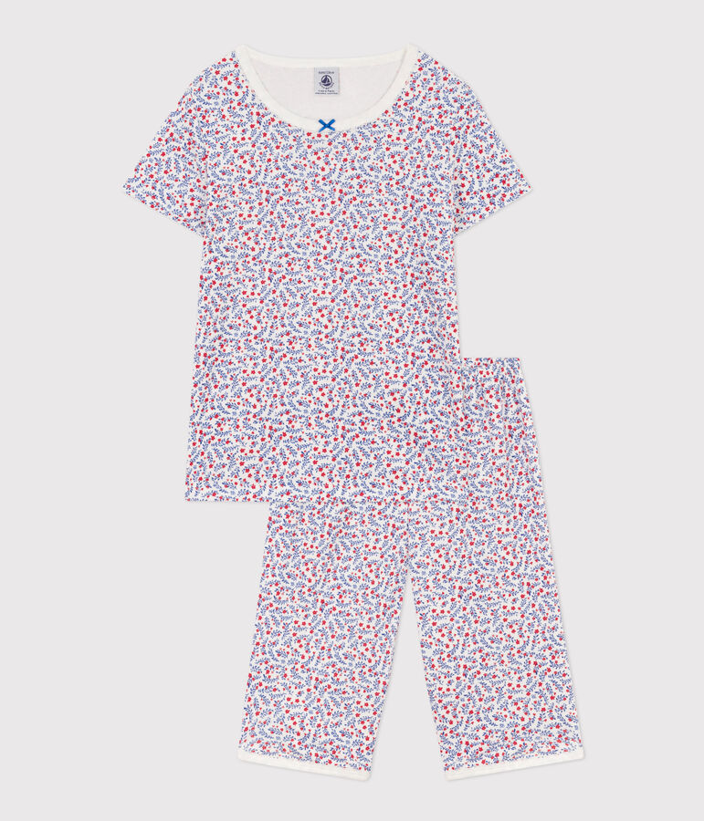 Kinder-Kurzpyjama aus Baumwolle mit Blumen f&uuml;r M&auml;dchen weiss/vielfarbig