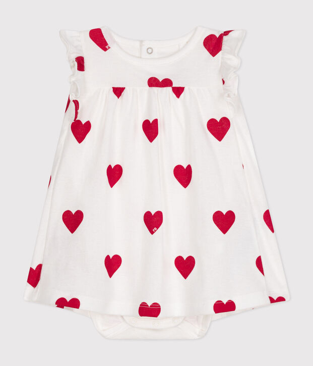 Body-Kleid aus Bio-Baumwolle mit Herzmuster f&uuml;r Babys weiss/rot