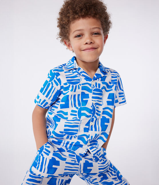 Kurzärmeliges Kinder-Hemd aus bedruckter Baumwolle blau MARSHMALLOW/ PORCELANA