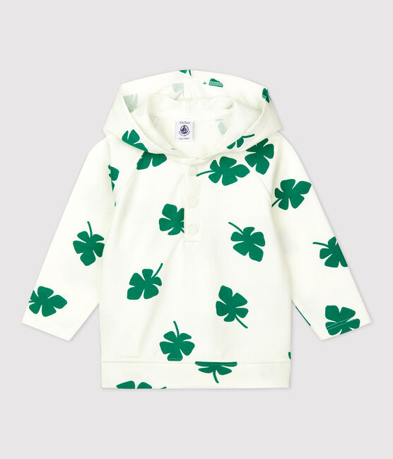 Baby-Kapuzensweatshirt aus Molton mit Pflanzenmuster weiss MARSHMALLOW/grün GAZON