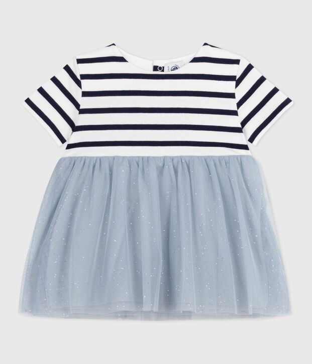 Kurz&auml;rmeliges Baby-Kleid aus zwei Stoffen blau/vielfarbig