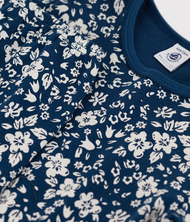 Kinderpyjama aus Baumwolle mit Blumenmotiv f&uuml;r M&auml;dchen blau/weiss