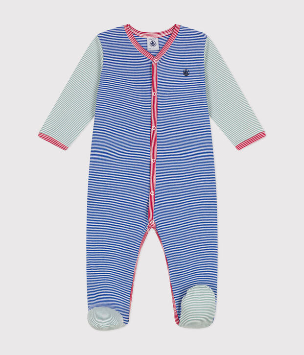 Strampler aus gestreifter Baumwolle blau/weiss