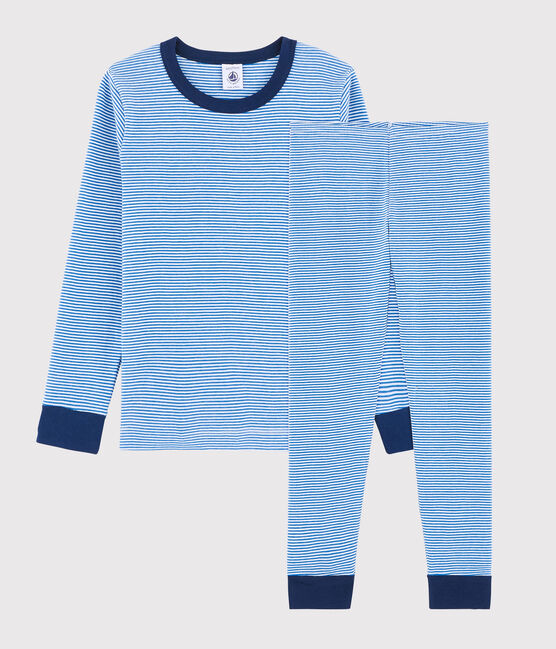 Kinderpyjama aus Rippstrick mit blauen Ringelstreifen für Jungen blau RUISSEAU/weiss MARSHMALLOW