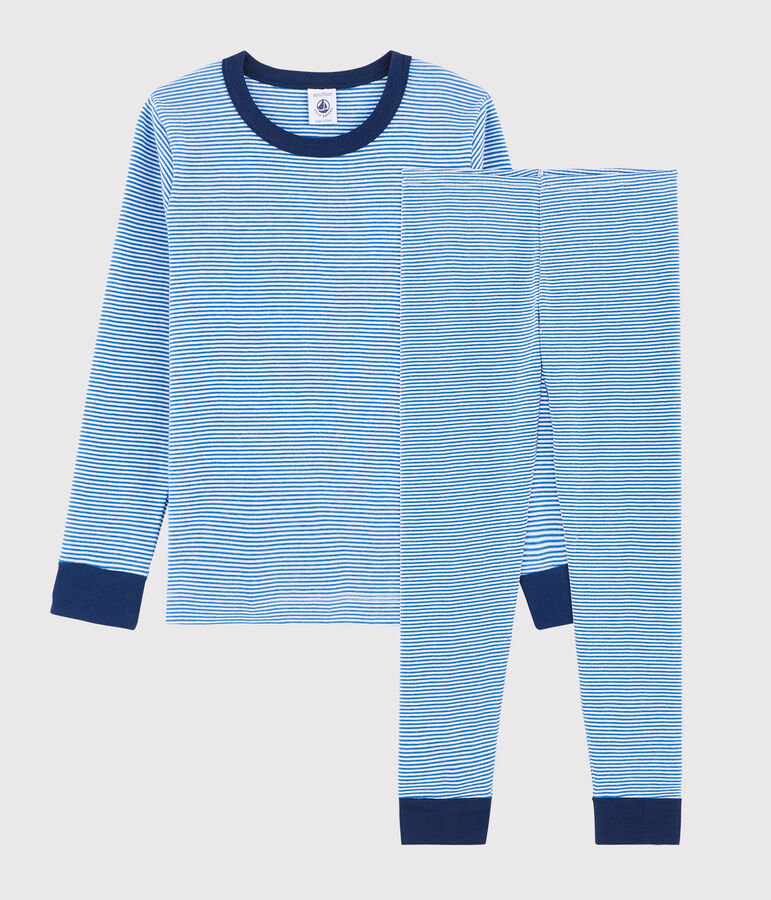 Kinderpyjama aus Rippstrick mit blauen Ringelstreifen f&uuml;r Jungen blau RUISSEAU/weiss MARSHMALLOW