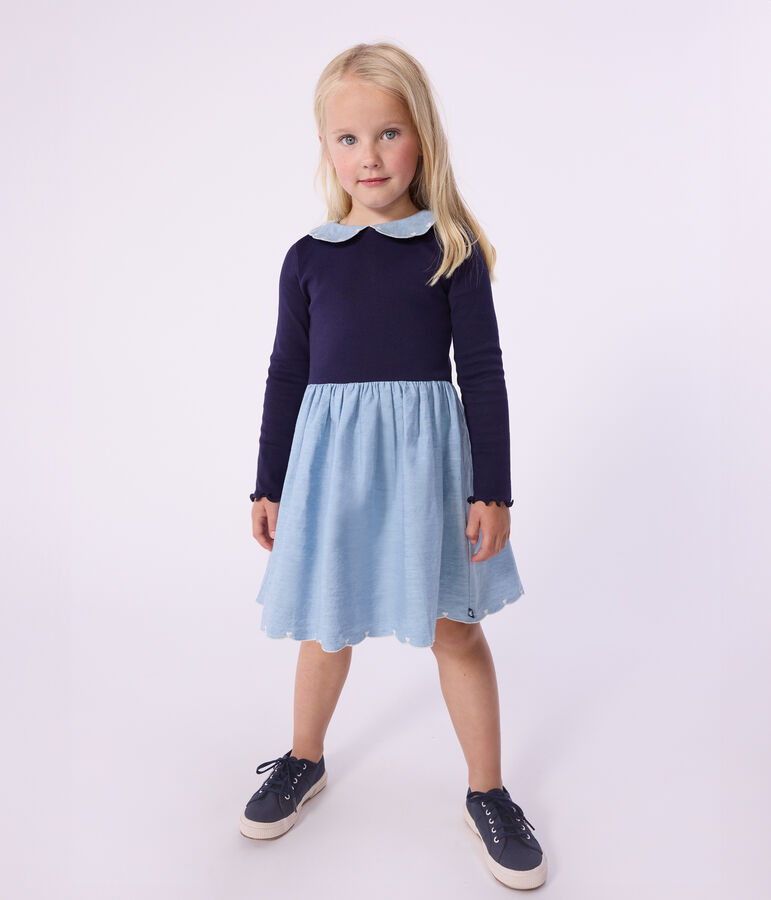 Lang&auml;rmeliges Kinder-Kleid aus zwei Stoffen blau SOIR