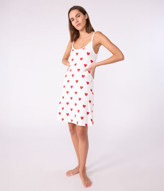 Kurzes Nachthemd aus Baumwolle für Damen weiss MARSHMALLOW/rot TERKUIT