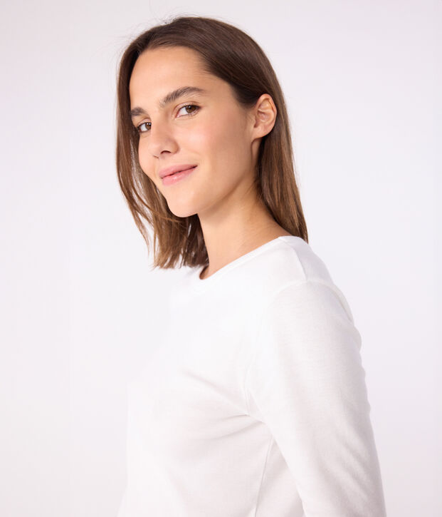 Lang&auml;rmeliges Damen-T-Shirt L'Iconique aus einfarbigem Rippstrick weiss