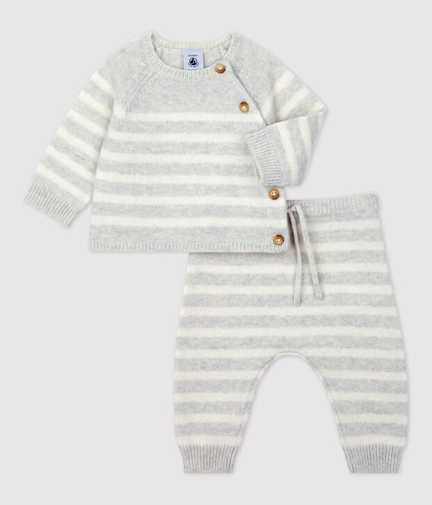 2-teiliges gestreiftes Strickset f&uuml;r Babys beige/weiss