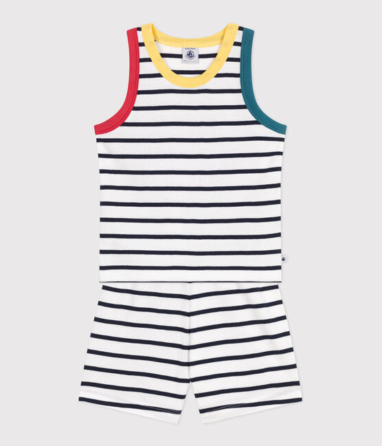 Kinder-Kurzpyjama aus Baumwolle mit gestreiftem Tanktop weiss MARSHMALLOW/blau SMOKING