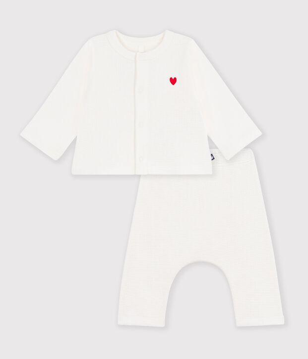 Baby-Set aus schlichtem, besticktem Baumwollstoff weiss