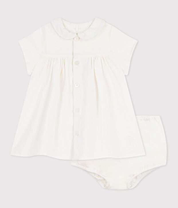 Baby-Kleid aus Baumwolle/Leinen mit h&uuml;bschen Stickereien und dazu passendem Bloomer weiss