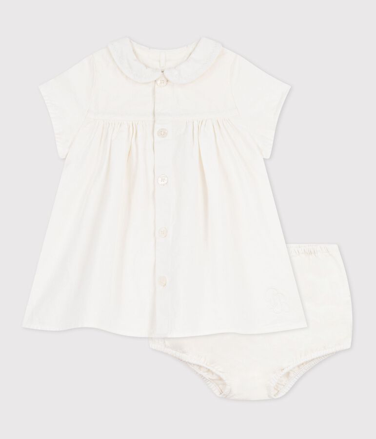 Baby-Kleid aus Baumwolle/Leinen mit h&uuml;bschen Stickereien und dazu passendem Bloomer weiss MARSHMALLOW