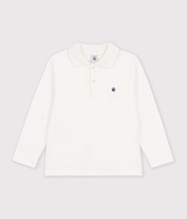 Lang&auml;rmeliges Kinder-Poloshirt aus einfarbiger Baumwolle weiss