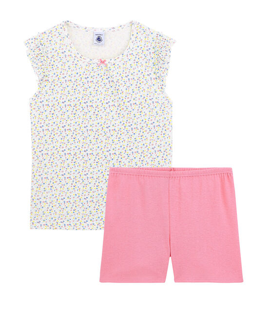 Kinder-Kurzpyjama aus Leinen/Baumwolle für Mädchen weiss MARSHMALLOW/weiss MULTICO