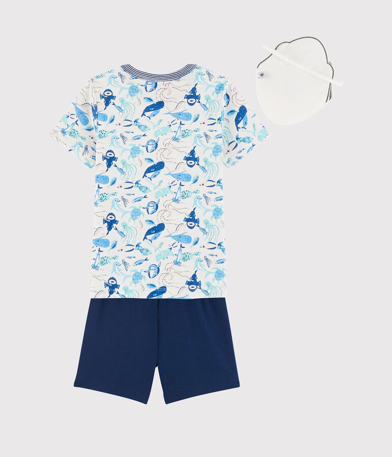 Kinder-Kurzpyjama mit Haikost&uuml;m aus Baumwolle weiss/vielfarbig