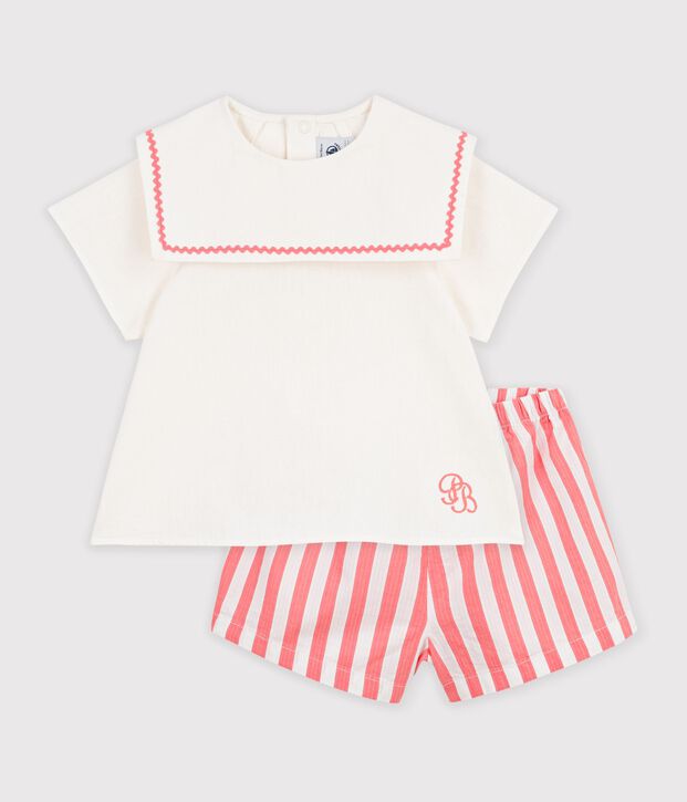 2-teiliges Baby-Set aus Baumwolle/Leinen, Oberteil mit Matrosenkragen rosa/weiss