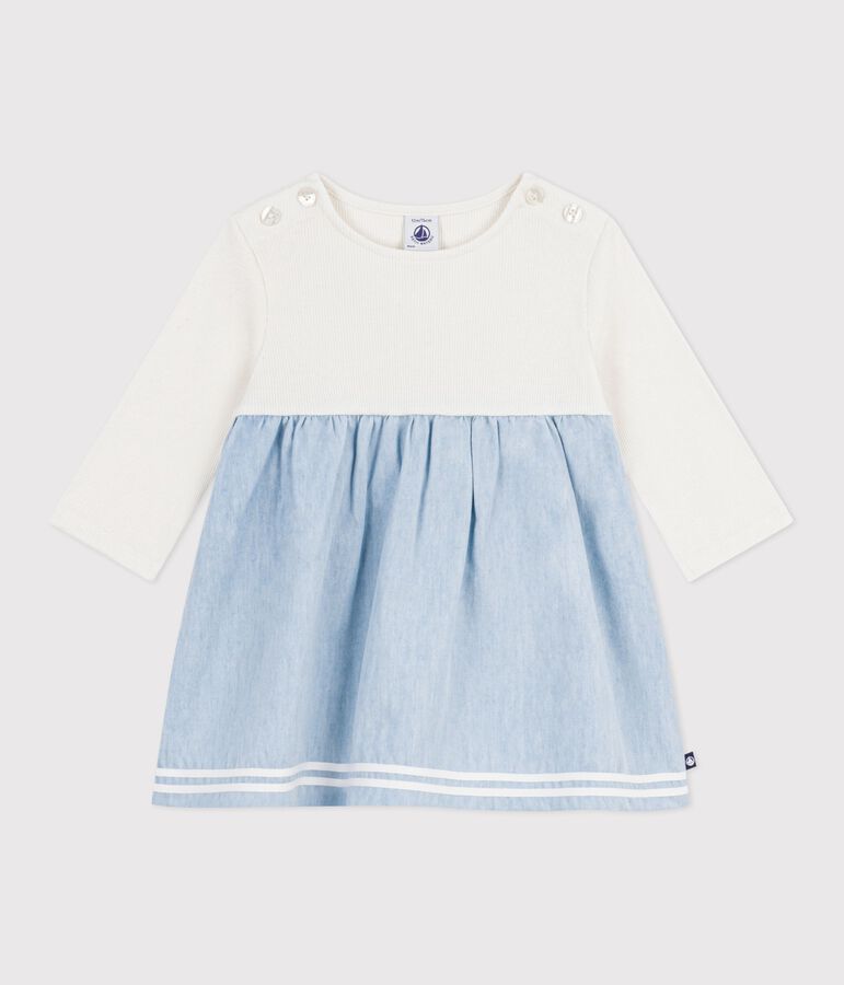 Lang&auml;rmeliges Baby-Kleid aus zwei Stoffen, Baumwolle und Chambray naturfarben/vielfarbig