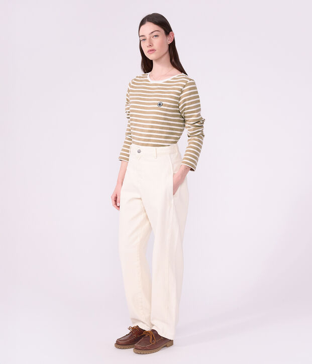 Lang&auml;rmeliges Damen-Streifenshirt Marini&egrave;re aus Baumwolle beige/weiss