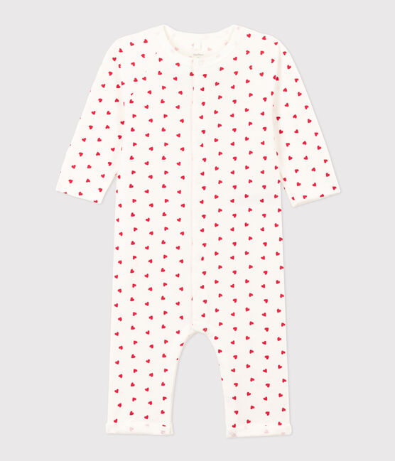 Baby-Langoverall aus Molton mit Herzchen weiss MARSHMALLOW/rot PEPS