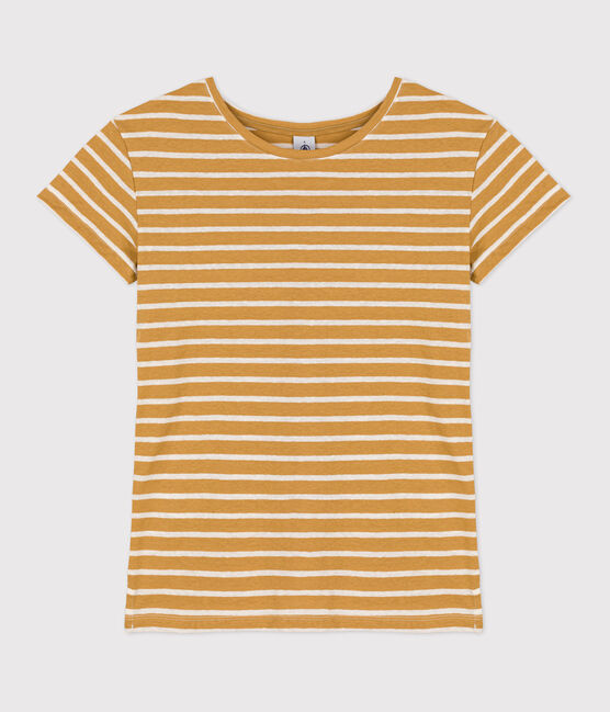 Damen-T-Shirt DAS GERADE BAUMWOLLE UND LEINEN  gelb ISTRE/weiss AVALANCHE
