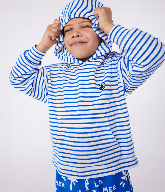 Kinder Unisex-Kapuzensweatshirt aus Baumwoll-Frottee mit Streifen blau MARSHMALLOW/ PORCELANA