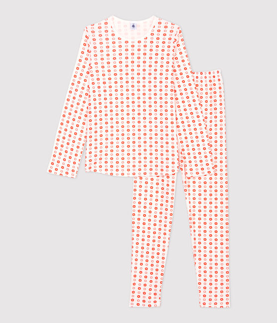 Kinderpyjama aus Bio-Baumwolle mit grafischem Blumenmuster für Mädchen weiss MARSHMALLOW/ SPICY