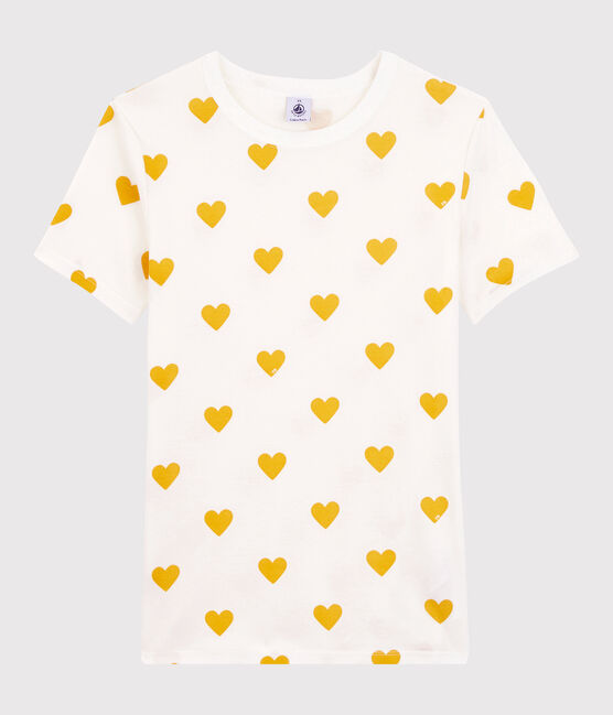 Baumwoll-T-Shirt mit Rundhalsausschnitt und Herz-Applikation Damen weiss MARSHMALLOW/gelb OCRE