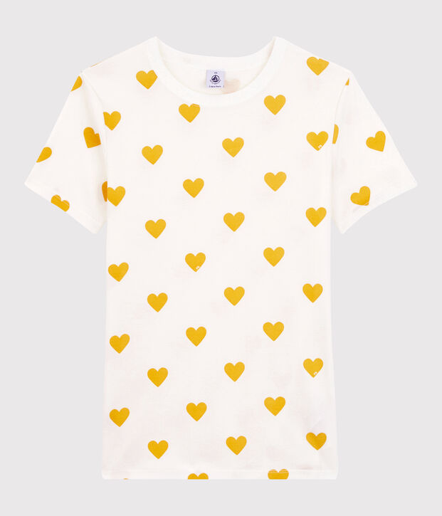 Baumwoll-T-Shirt mit Rundhalsausschnitt und Herz-Applikation Damen weiss/gelb