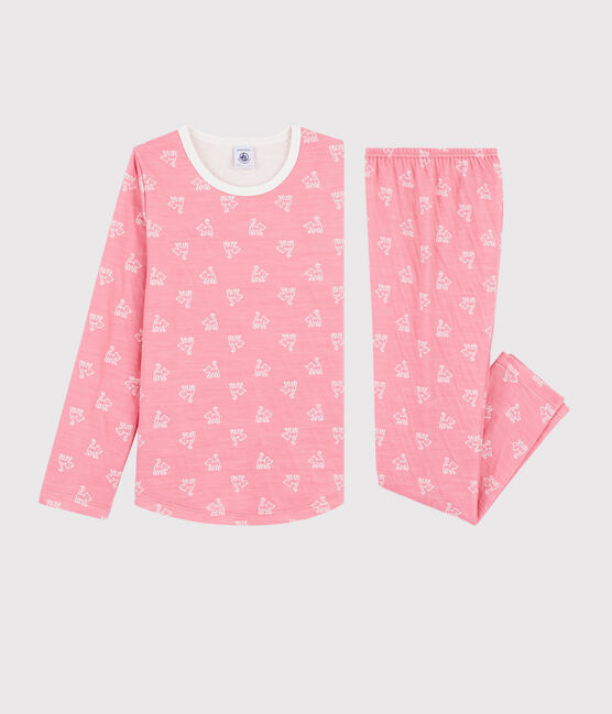 Jacquard-Pyjama aus Wolle/Baumwolle mit Katzenmotiv für Mädchen rosa CHEEK/weiss MARSHMALLOW