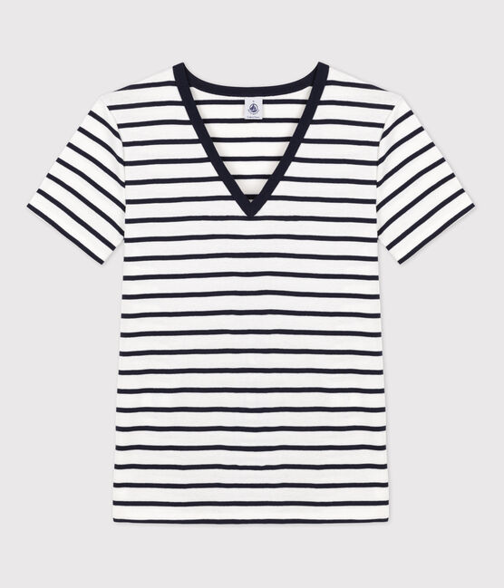 T-Shirt L’ICONIQUE aus Baumwolle mit V-Ausschnitt für Damen weiss MARSHMALLOW/blau SMOKING