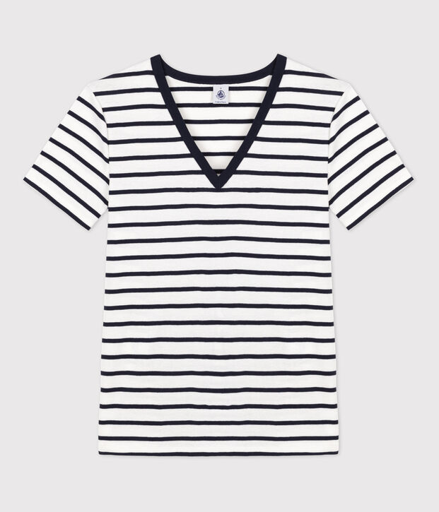 T-Shirt L&rsquo;ICONIQUE aus Baumwolle mit V-Ausschnitt f&uuml;r Damen weiss/blau